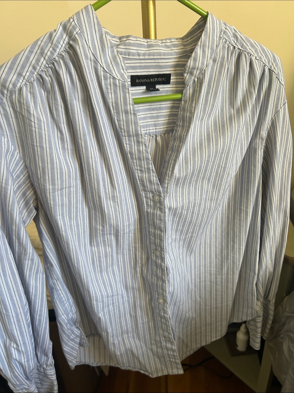 Banana Republic V Neck Light Blue and White Striped Button-Front Shirt